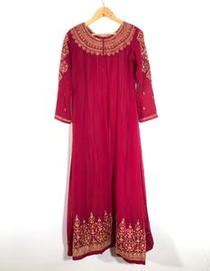 Dark Pink Embroidered Over Coat with Dupatta