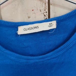 Blue Ribbed Long Sleeve Cropped Top