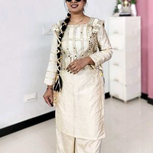 Elegant Cream Kurta Set with Palazzos, Shrug