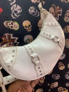 White Faux Leather Crescent Shoulder Bag Y2K Style