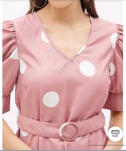 Pink Polka Dot Puff Sleeve Top with Belt