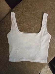 White Ribbed Square Neck Tank Top