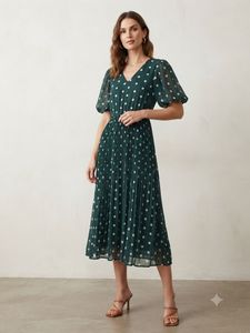 Elegant Polka Dot Pleated Midi Dress