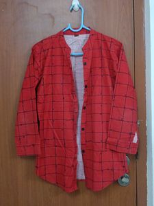 Red Checked Mandarin Collar Shirt