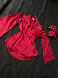 Chic Red Satin Bell Sleeve Top
