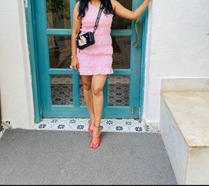 Cute Pink One-Shoulder Tiered Mini Dress