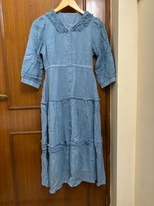 Blue Tiered Midi Dress with Ruffle Collar