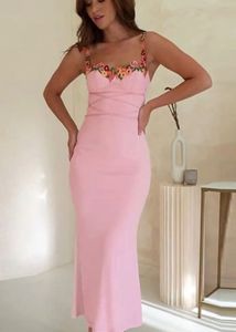 Floral Trimmed Pink Midi Dress