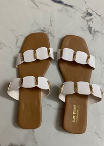 Chic White &amp; Gold Strap Sandals