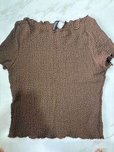 H&amp;M Brown Textured Lettuce Hem Top