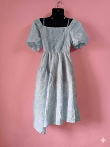 Light Blue Puff Sleeve Bow Dress