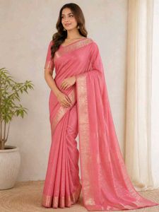 Coral Pink Silk Saree with Silver Border