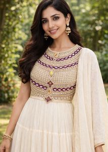 Elegant White and Purple Anarkali Dress