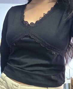 Black Lace Trim V-Neck Top