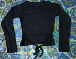Black Ribbed Tie-Back Crop Top