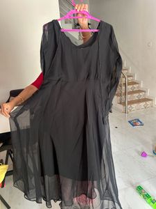 Elegant Black Sheer Sleeve Dress with dupatta