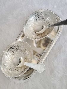 🆕 German Silver Plate &amp; Bowl Set with Spoon❣️