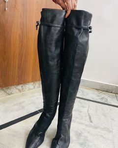 Italian Black Leather Pencil Over-the-Knee Boots
