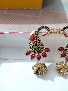 Peacock Design Earrings with Red Stones