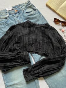 Black Lace Detail Cropped Blouse