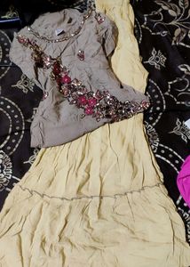 Khaki Hand Embroidery Kurti With Beige Sharara