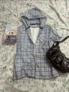 Blue Plaid Button-Up Shirt with Hood
