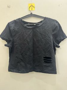 Black Distressed Cropped T-Shirt