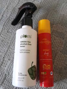 plum green tea toner and aqualogica sunscreen