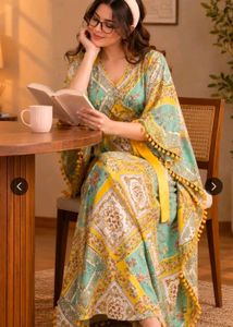 Bohemian Print Kaftan Top with Pom-Pom Trim