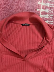 Coral Ribbed V-Neck Midi Dress