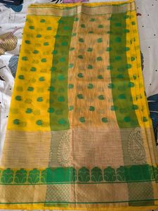 Yellow &amp; Green Cotton Saree