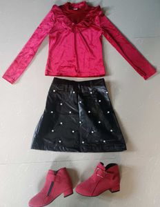 🇰🇷Chic Pink Top &amp; Black Skirt Set