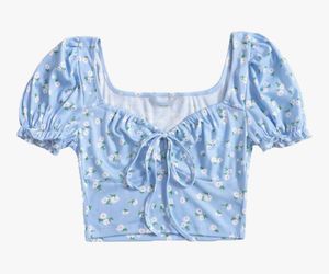 Printed Blue Puff Sleeve Tie Front Ditsy Fl