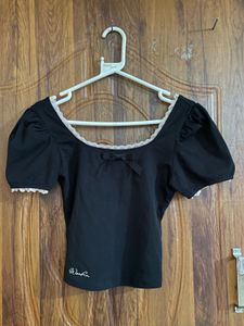 Cute Black Puff Sleeve Lace Trim Top