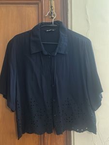 Navy Blue Eyelet Crop Top