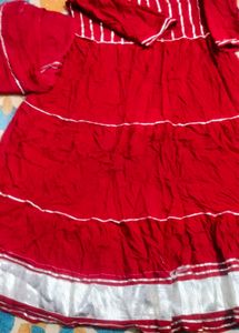 Red Tiered Kurta Set with Silver Accents