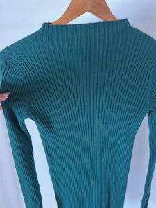 Green Ribbed Mock Neck Sweater