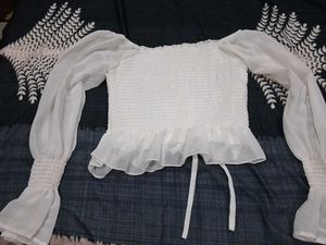 White Smocked Puff Sleeve Top