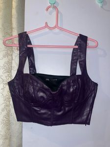 🖤 Zara Faux Leather Corset Top – Deep Plum