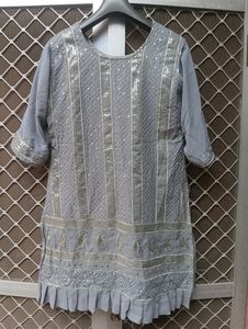 Grey Kurti With Plazo And Dupatta Flaw Less