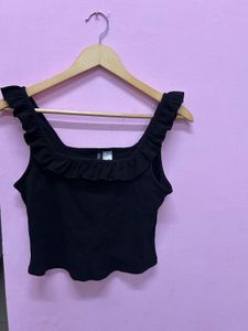 Black Ruffle Square Neck Tank Top
