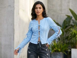 Light Blue Lace-Up Detail Top