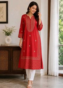 40 Size - Red Ethnic Kurta with Gold Print