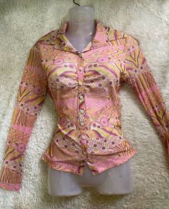 Y2K Retro Pink Patterned Button-Up Shirt