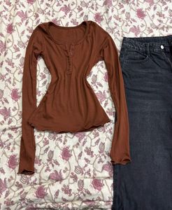 Brown Ribbed Henley Top