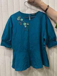 Teal Embellished Peplum Top