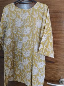 Mustard Floral Short Kurti with lace detail