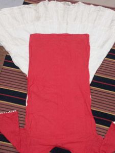 Red &amp; White Flared Kurti with Embroidery Work