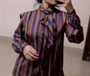 Vintage Striped Pussy Bow Blouse