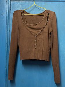 Brown Button Detail Long Sleeve Top